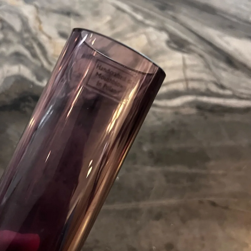 Hand Blown Polish Amethyst Purple Cylinder Vase Clear Bottom 8 1/2”